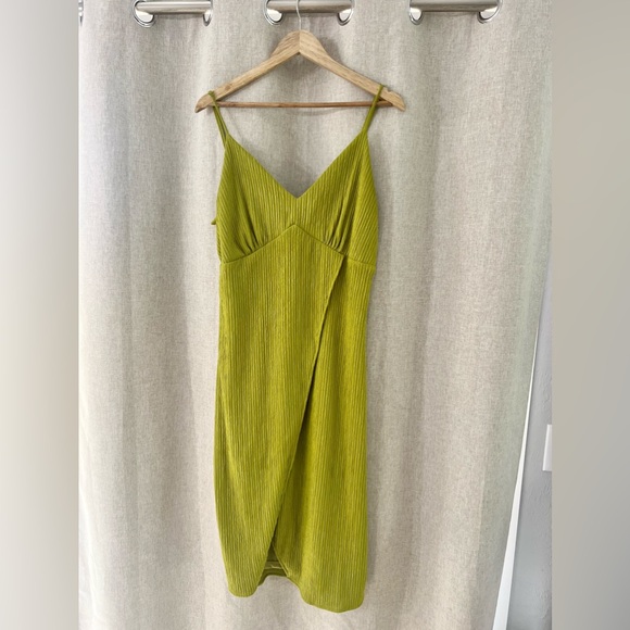 Lulus View and I Chartreuse Tie-Back Faux-Wrap Midi Dress - Picture 11 of 14